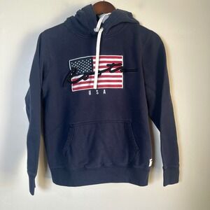 EUC Roots Hoodie USA Flag Graphic Size S Navy‎ Blue Embroidered Logo
